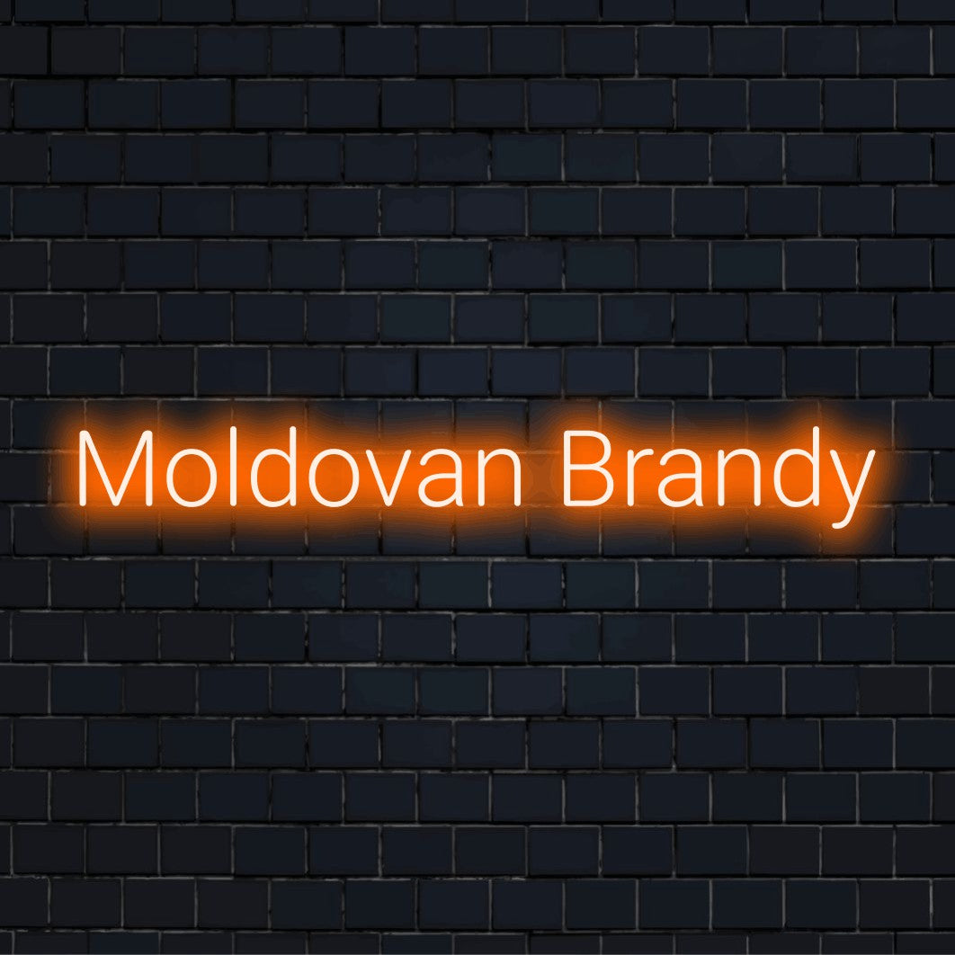 Moldovan Brandy Neon Light with glowing wall decor on dark brick background