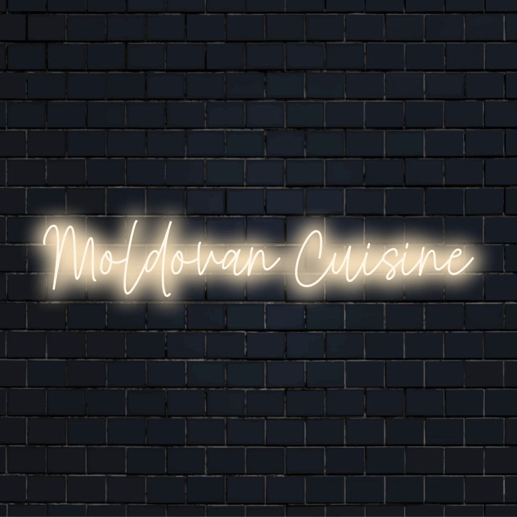 Moldovan Cuisine LED Neon Sign, glowing neon text on black brick background