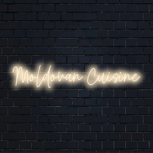 Moldovan Cuisine LED Neon Sign, glowing neon text on black brick background