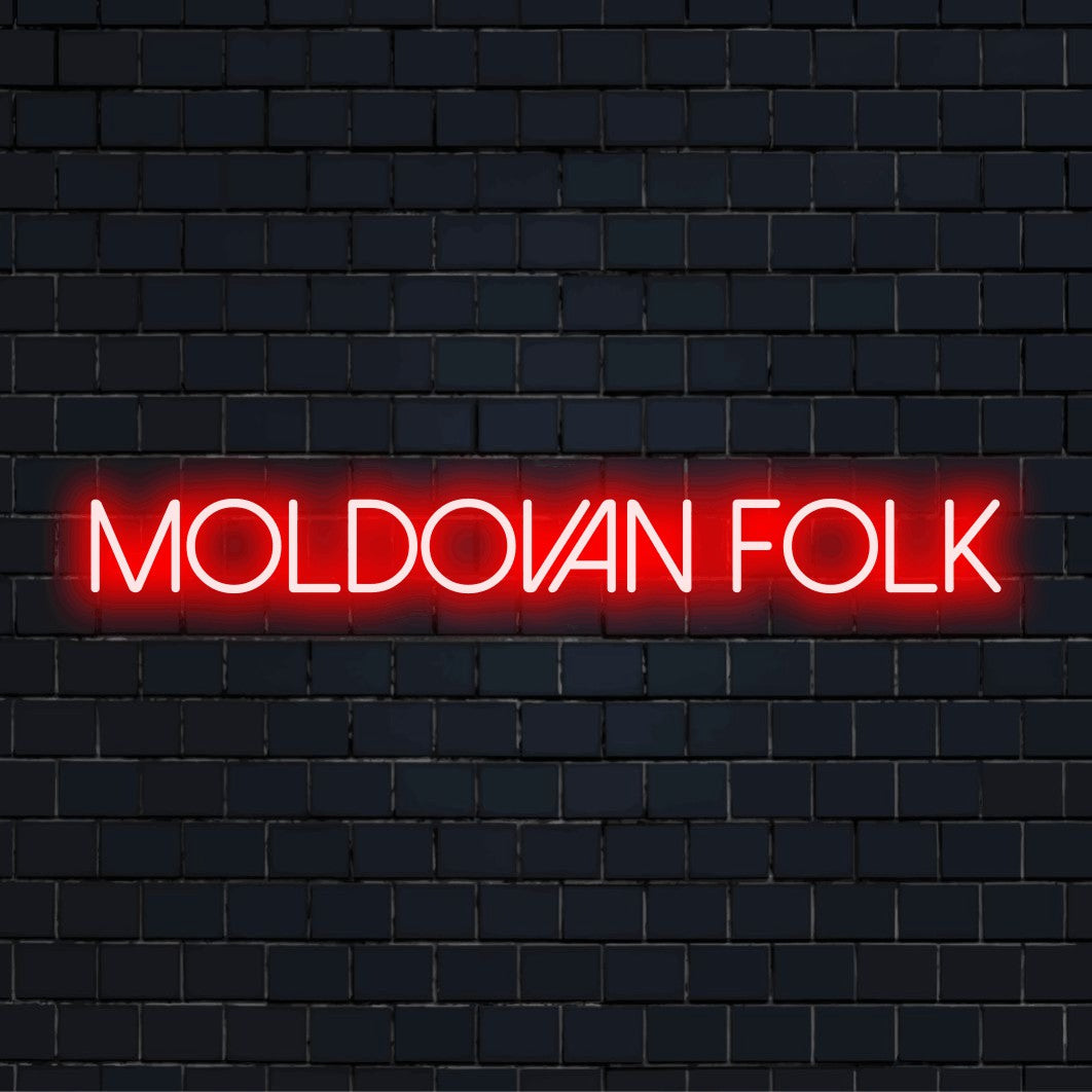 Moldovan Folk Neon Light with glowing neon text on dark brick wall