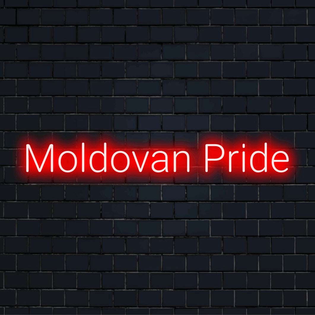 Moldovan Pride Neon Sign, glowing neon text against black brick wall