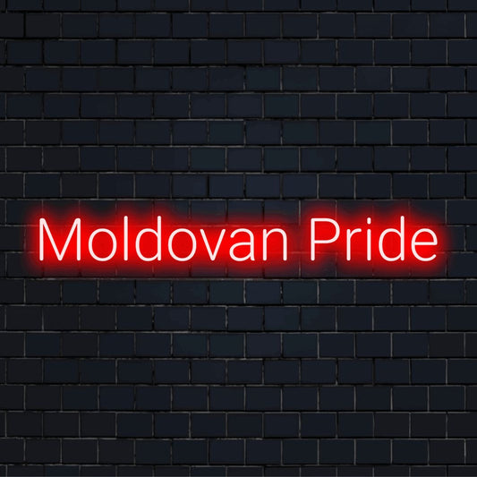 Moldovan Pride Neon Sign, glowing neon text against black brick wall