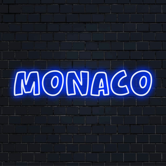 Monaco Neon Light with neon text light on black brick background