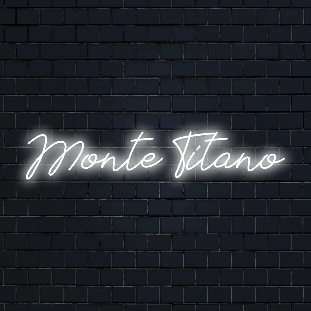 Monte Titano Neon Sign, bright LED glow against black brick wall