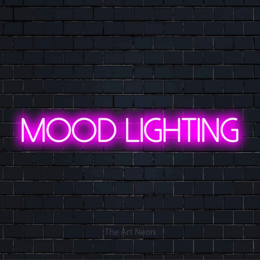 "Mood Lighting" neon text design on a black brick wall