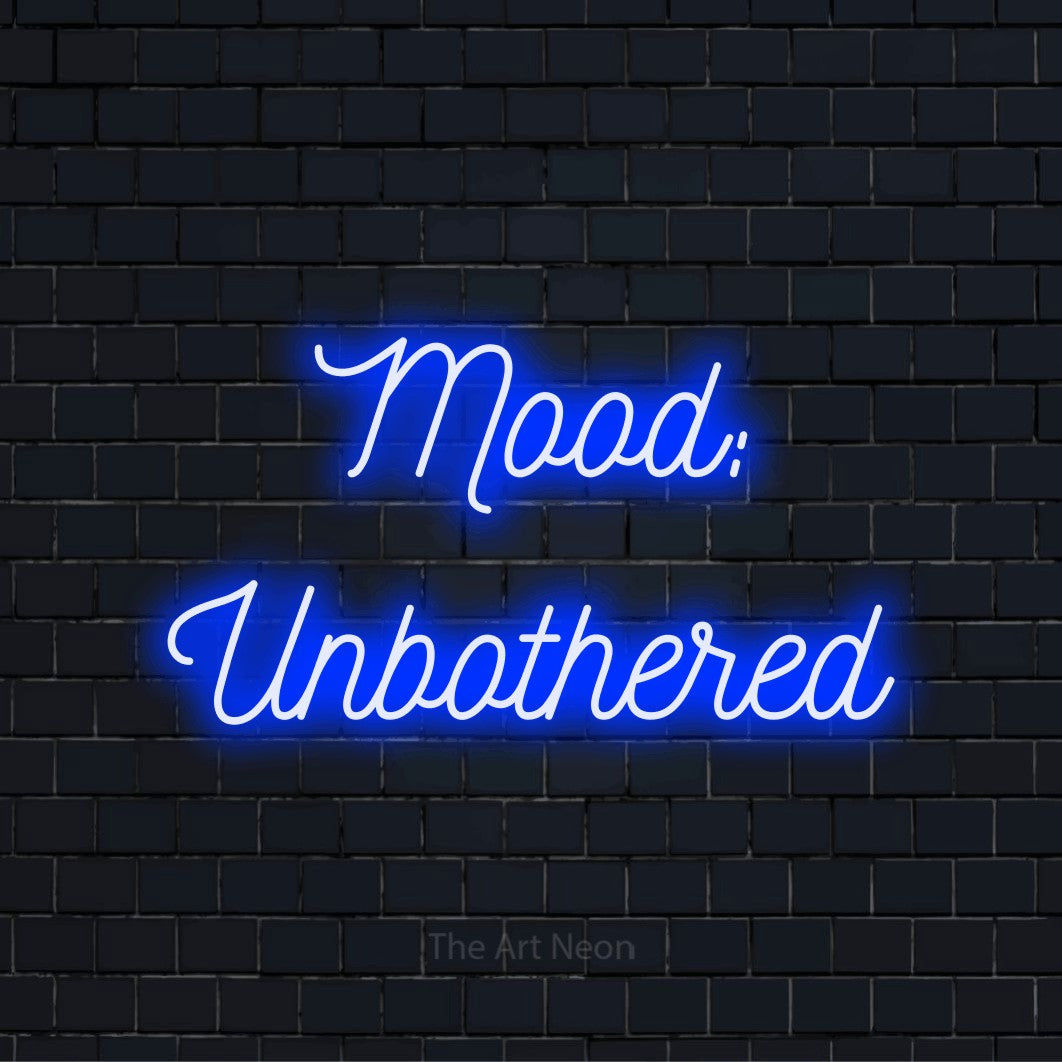 "Mood: Unbothered" LED neon sign on a black brick wall