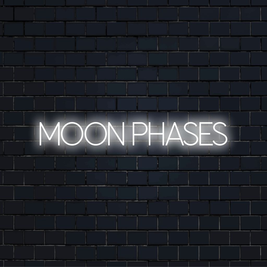 Moon Phases Neon Sign, glowing wall decor against black brick wall