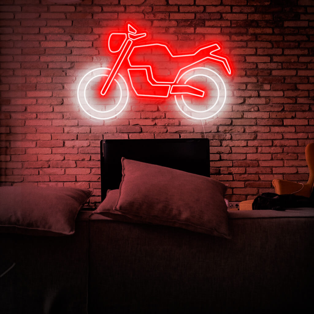 Levendig neonbord met motormotief, perfect voor een motorthema-decoratie.