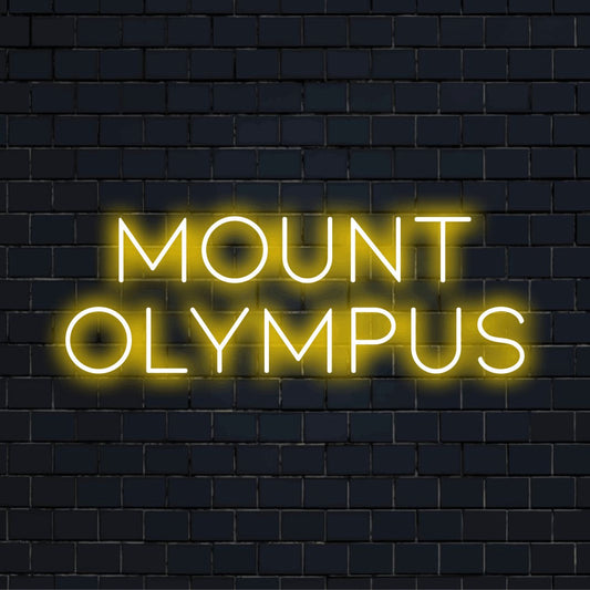 Mount Olympus Neon Light with bright neon glow against black brick wall