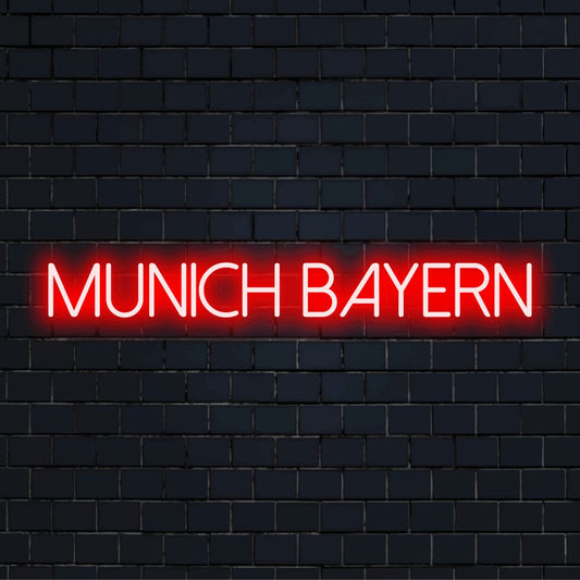 Munich Bayern Neon Sign, bright neon lettering on black brick background