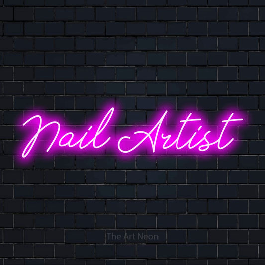 "Nail Artist" text design with neon effect on a black brick wall