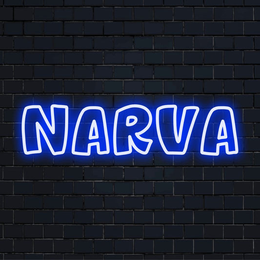 Narva Neon Sign, neon text light against brick backdrop
