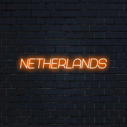 Netherlands LED Neon Sign, glowing neon text on black brick background