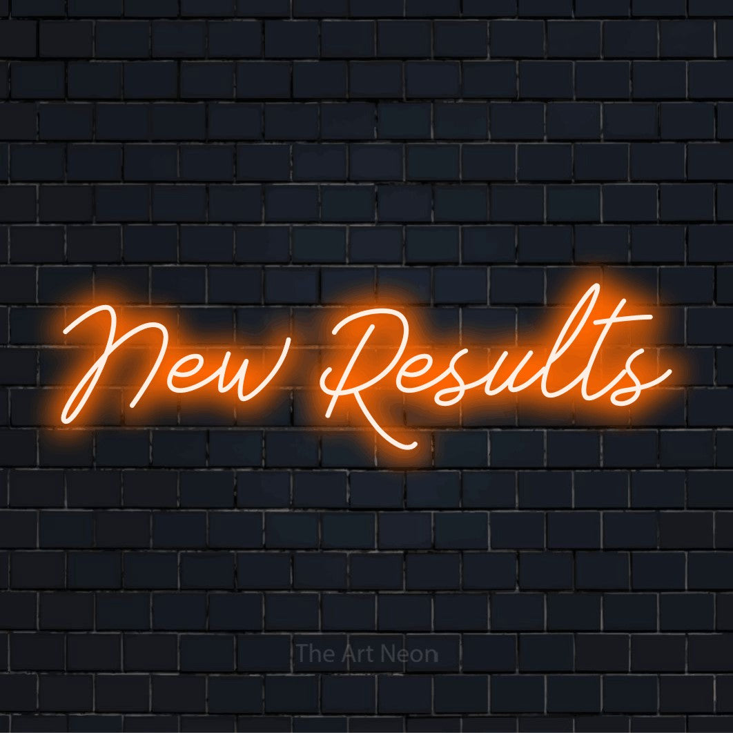 "New Results" LED neon sign on a black brick wall
