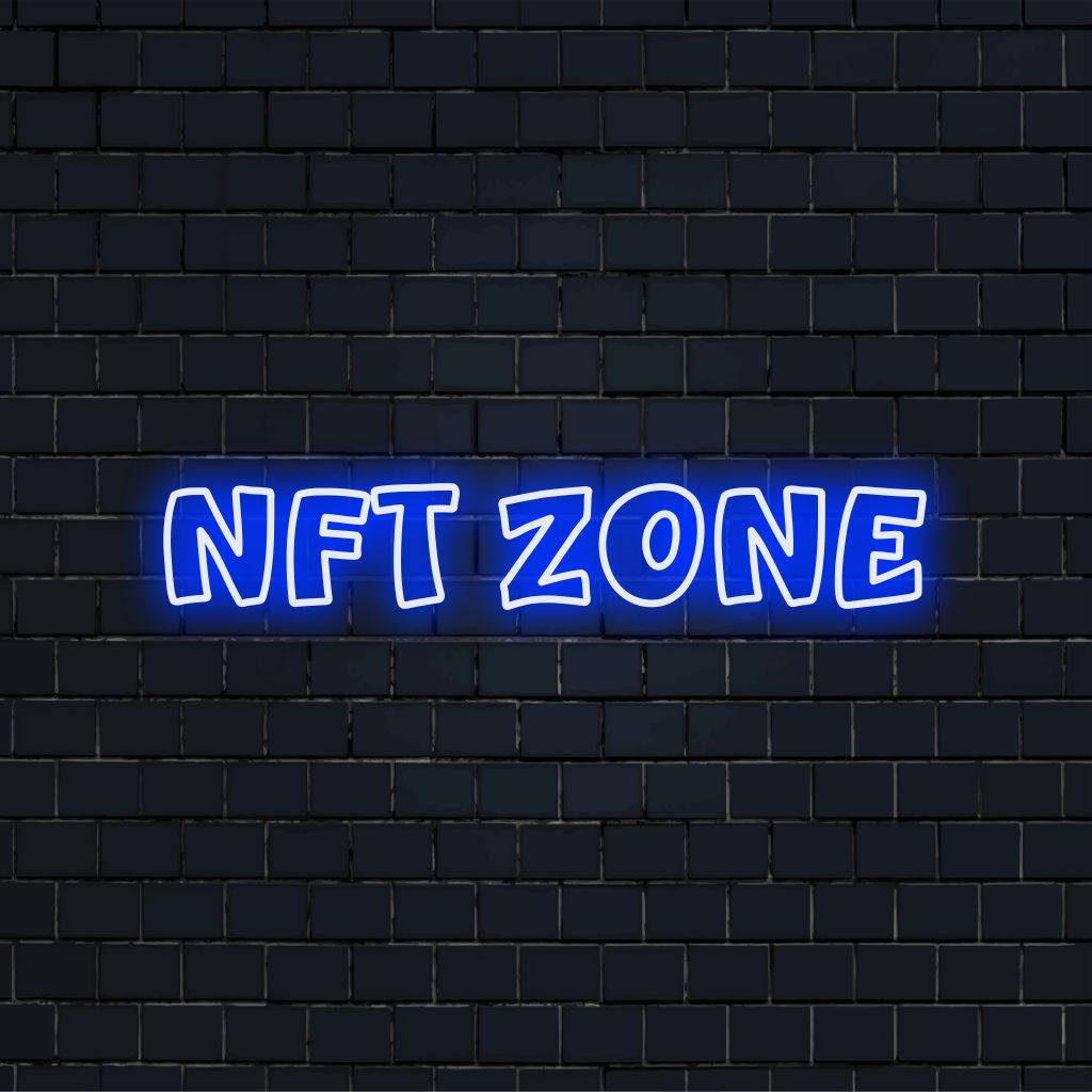 Nft Zone Neon Sign, bright neon lettering against black brick wall