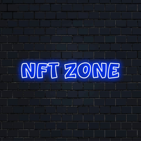 Nft Zone Neon Sign, bright neon lettering against black brick wall