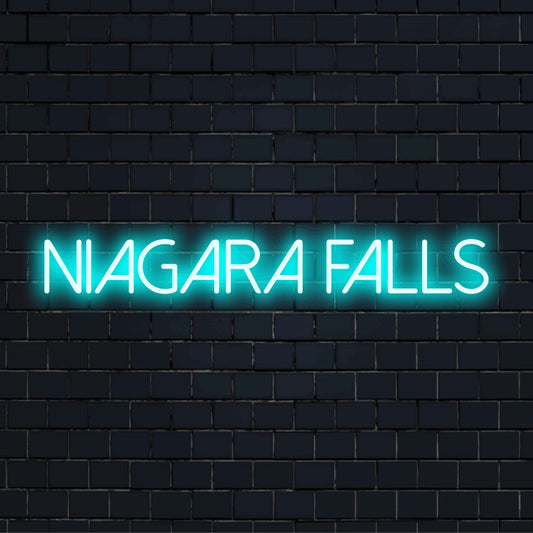 Niagara Falls Neon Light with soft neon glow against brick backdrop