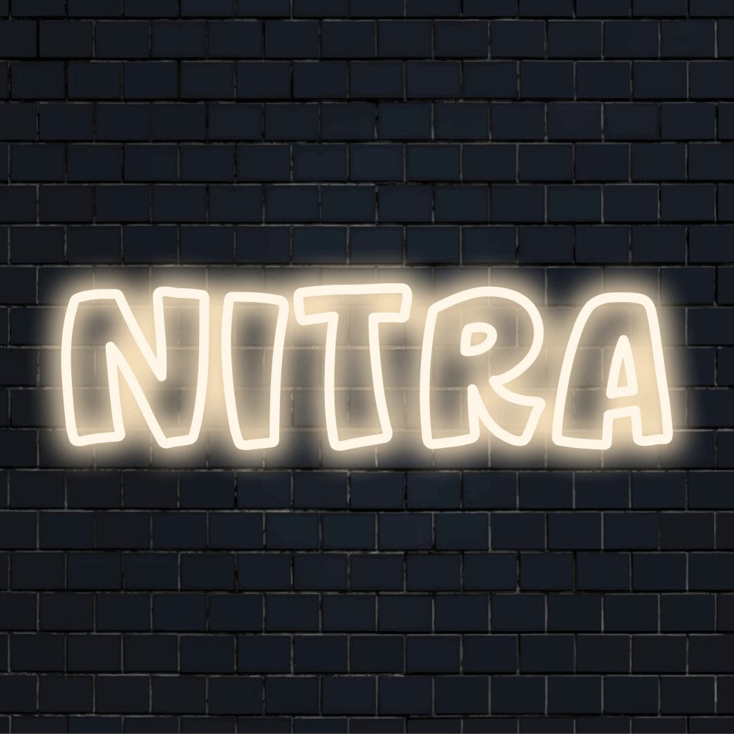 Nitra Neon Sign, glowing neon text on black brick background