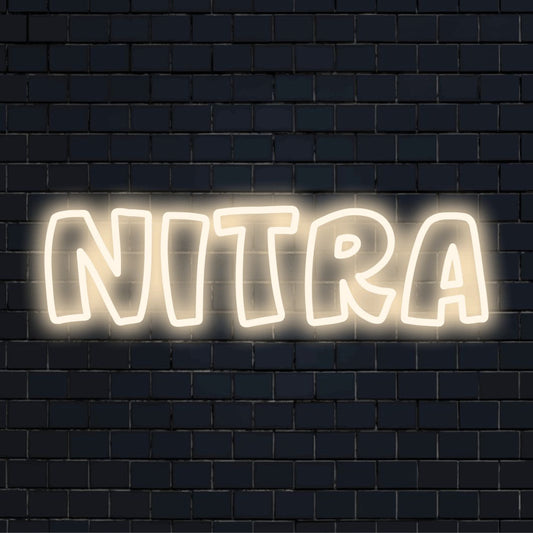 Nitra Neon Sign, glowing neon text on black brick background