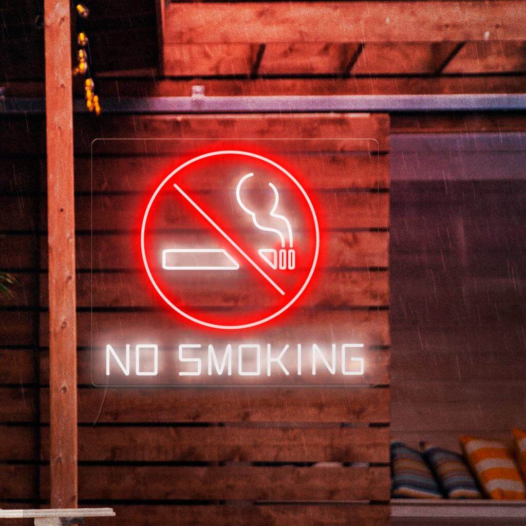 Een opvallend neonbord met een verbodsbord met daarin een brandende sigaret en de tekst 'Niet roken'.