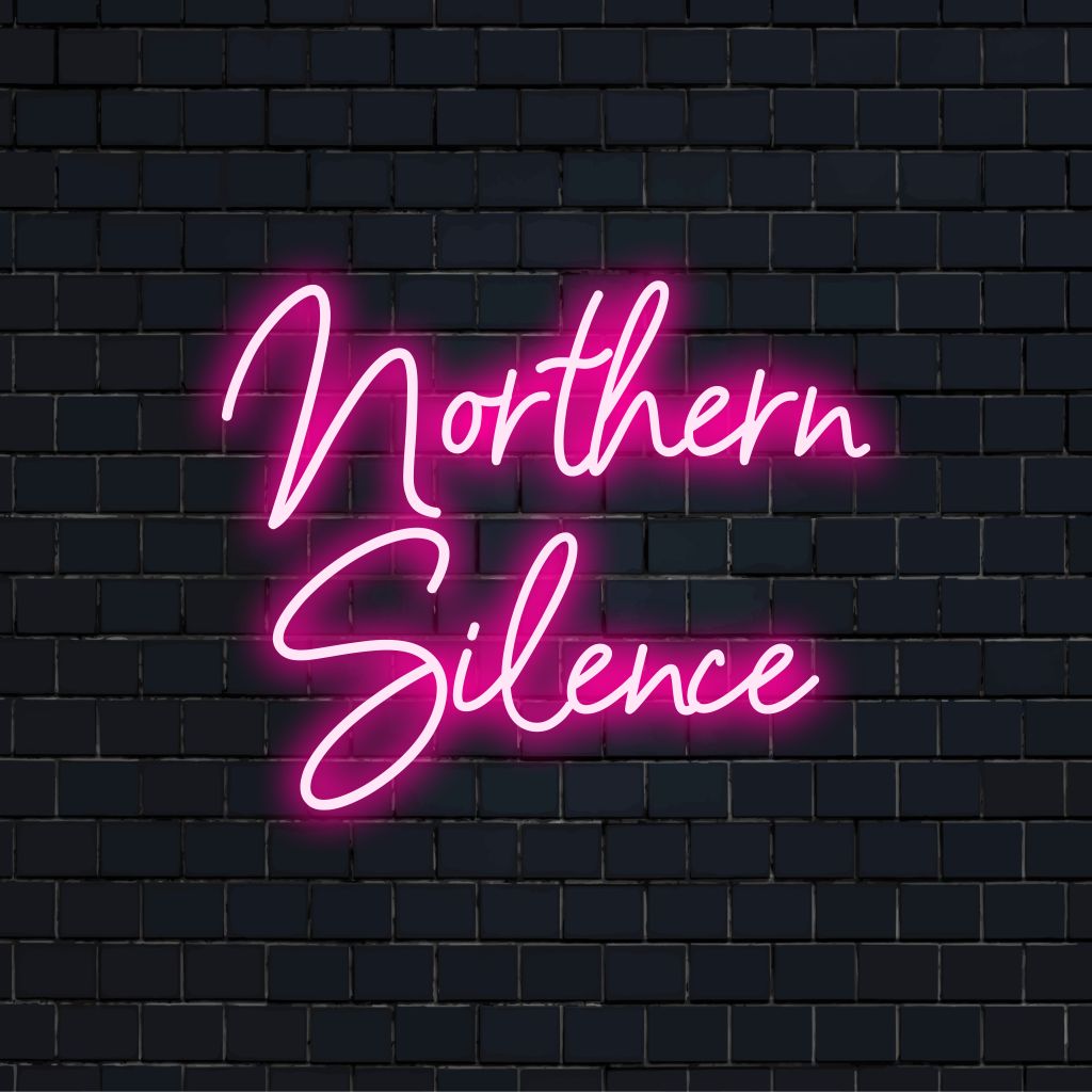 Northern Silence LED Neon Sign, soft neon glow against black brick wall
