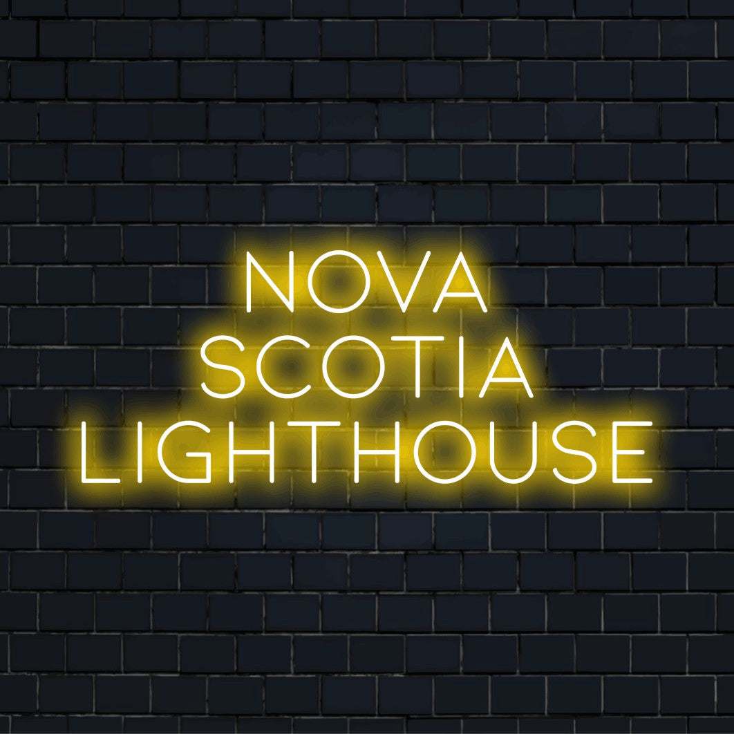 Nova Scotia Lighthouse LED Neon Sign, glowing neon text against black brick wall