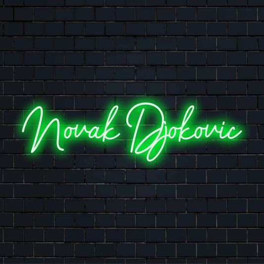 Novak Djokovic LED Neon Sign, glowing lettering on dark brick background