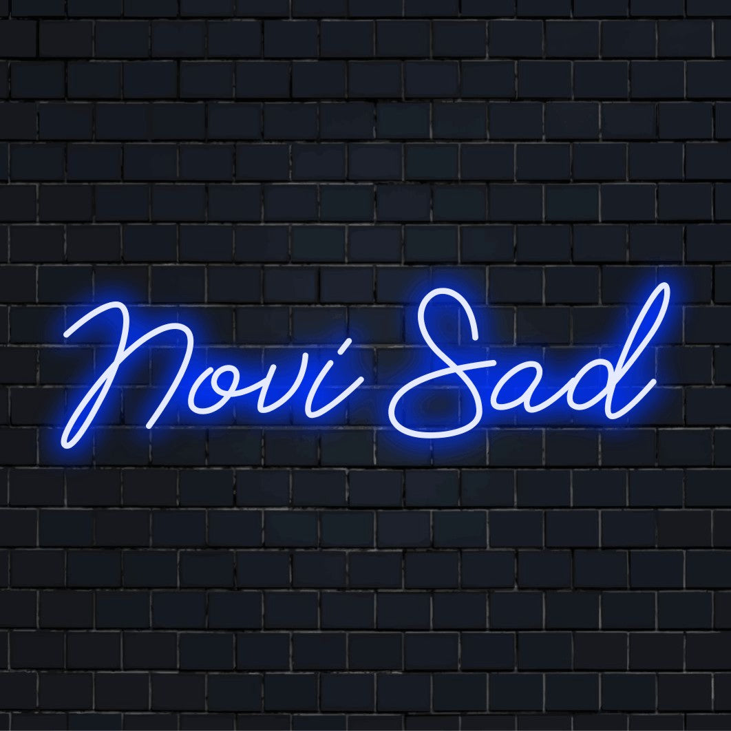 Novi Sad LED Neon Sign, bright neon glow on dark brick wall