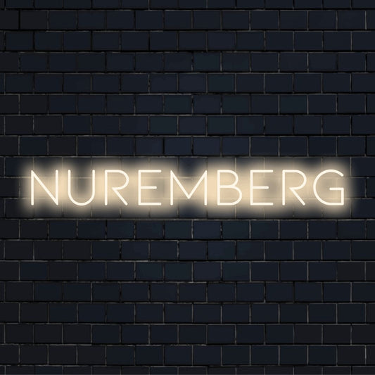 Nuremberg Neon Sign, glowing neon text on dark brick background