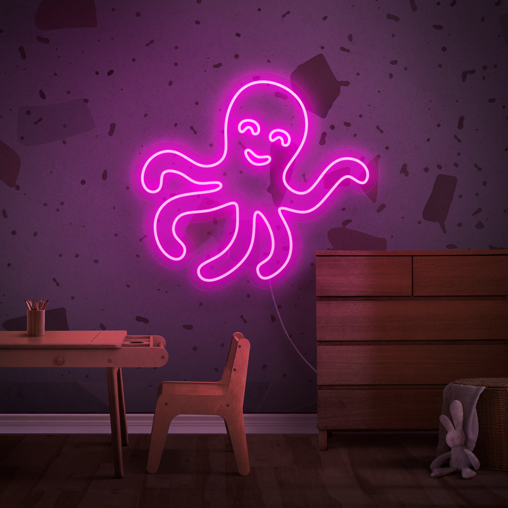 Het neonbord met octopus is een mysterieuze toevoeging aan een oceaanthema-inrichting, die een intrigerend en boeiend licht werpt