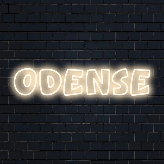 Odense Neon Sign, glowing neon text on dark brick background