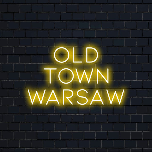 Old Town Warsaw LED Neon Sign, soft neon glow against black brick wall