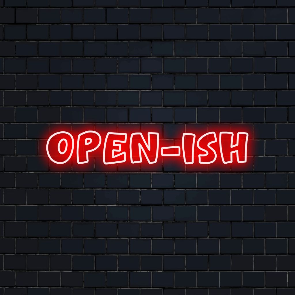 Open Ish LED Neon Sign, glowing neon text against brick backdrop