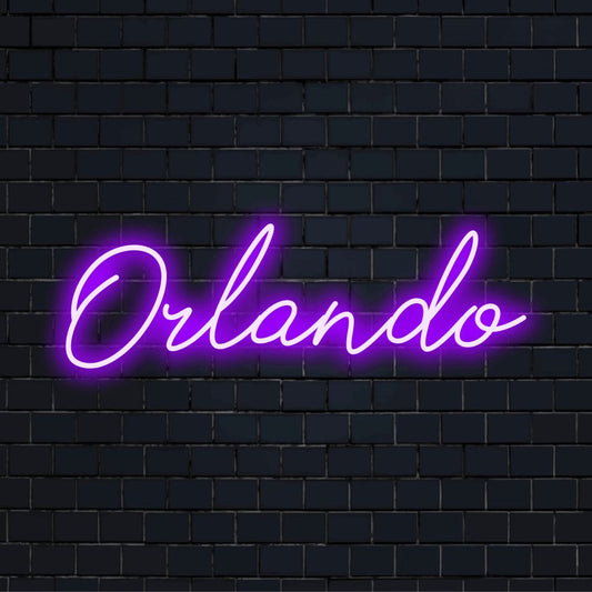Orlando Neon Sign, neon text light on dark brick background