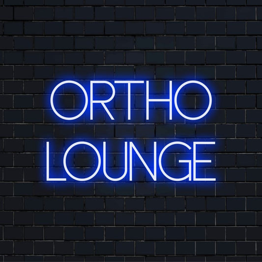Ortho Lounge Neon Sign, bright LED glow on dark brick background