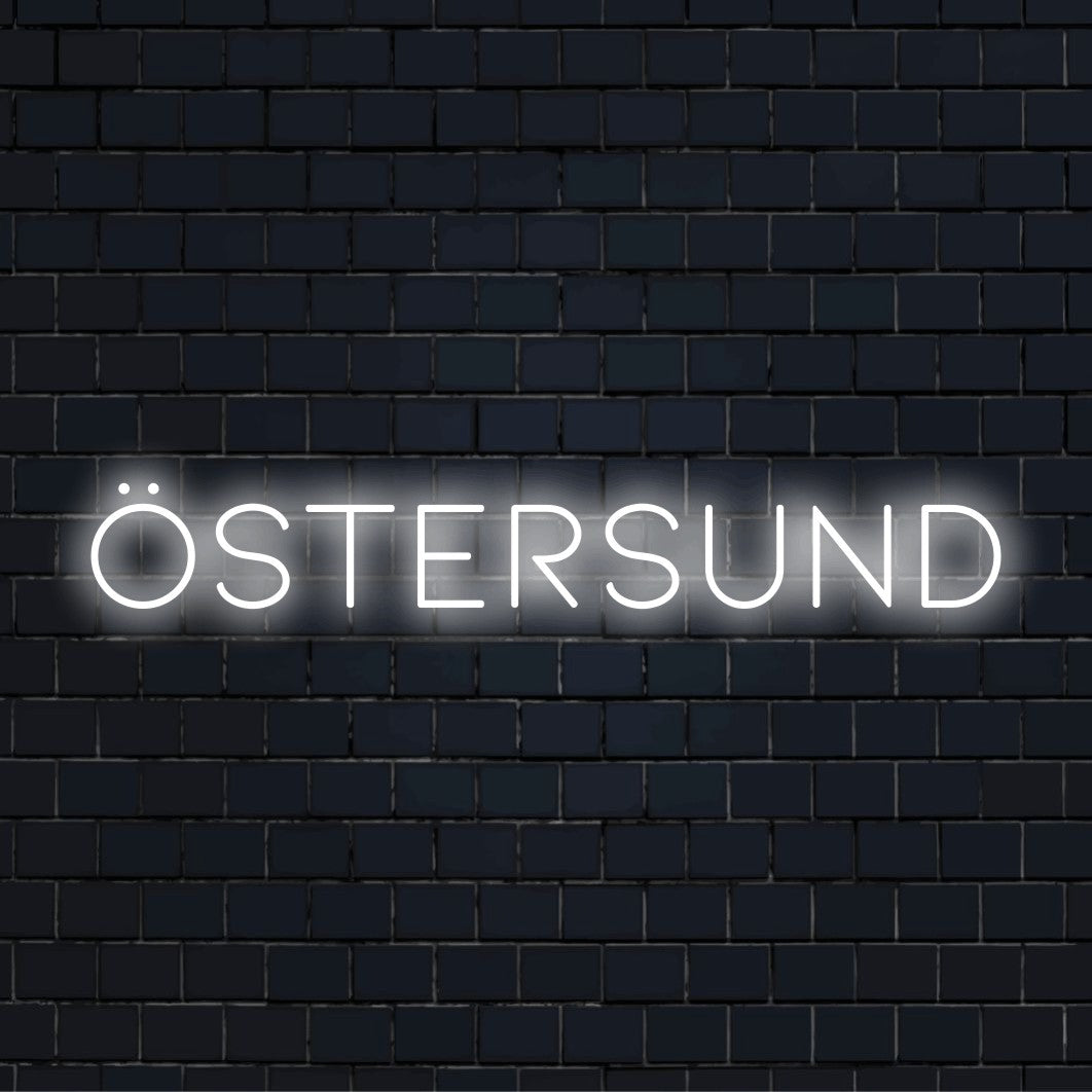 Ostersund Neon Sign, bright LED glow on dark brick background