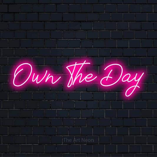 "Own The Day" script-style LED neon sign on a black brick wall