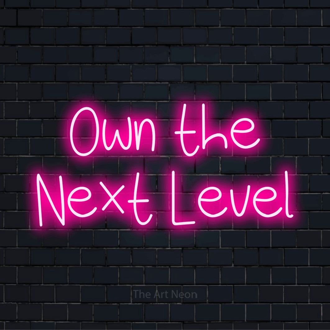 "Own The Next Level" script-style LED neon sign on a black brick wall