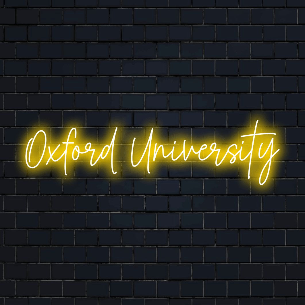 Oxford University LED Neon Sign, glowing neon text on dark brick wall