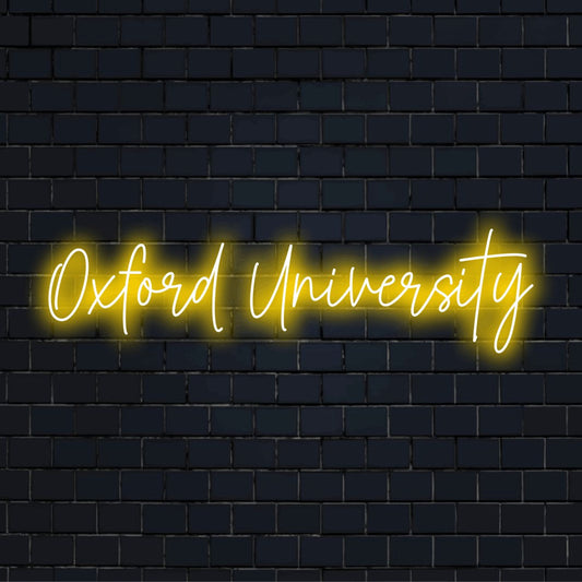Oxford University LED Neon Sign, glowing neon text on dark brick wall
