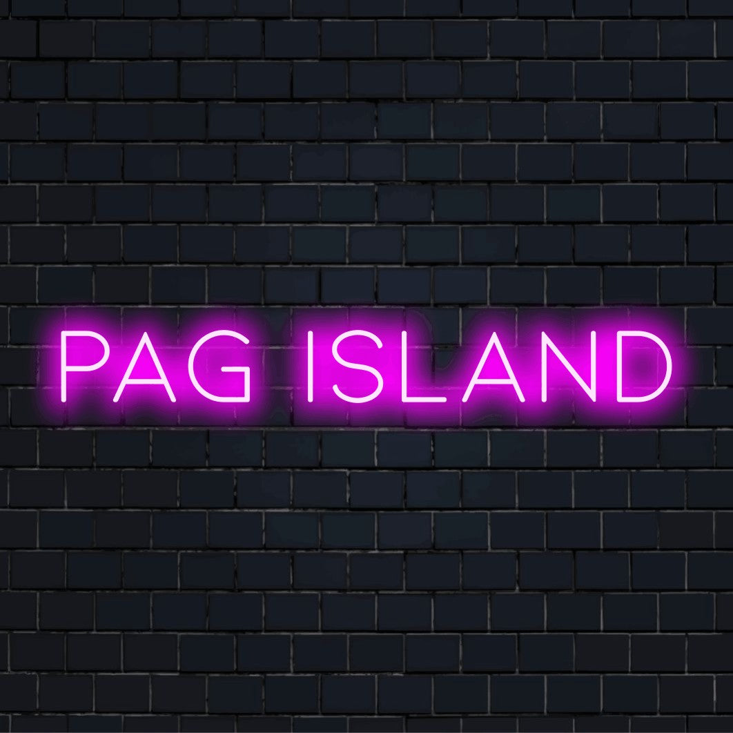 Pag Island Neon Sign, bright LED glow on dark brick background