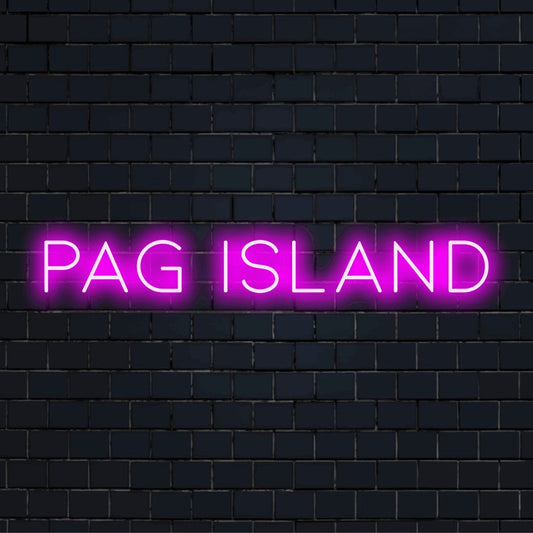 Pag Island Neon Sign, bright LED glow on dark brick background