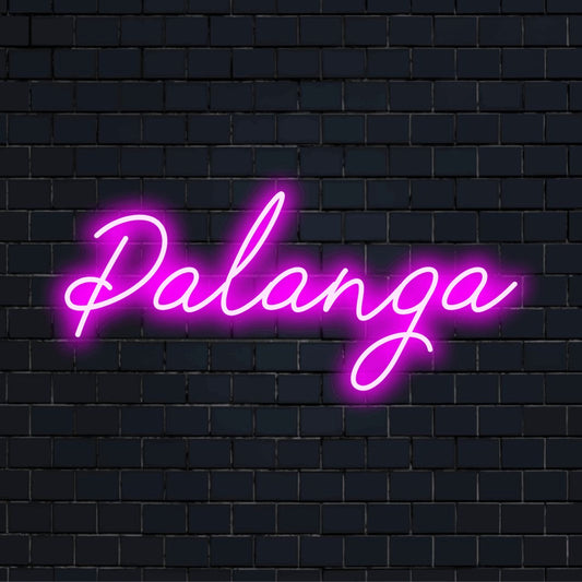 Palanga Neon Sign, neon text light against brick backdrop