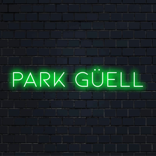 Park Guell Neon Light with neon text light on dark brick background
