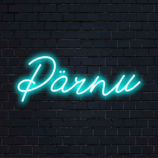 Parnu Neon Light with bright neon glow on dark brick background