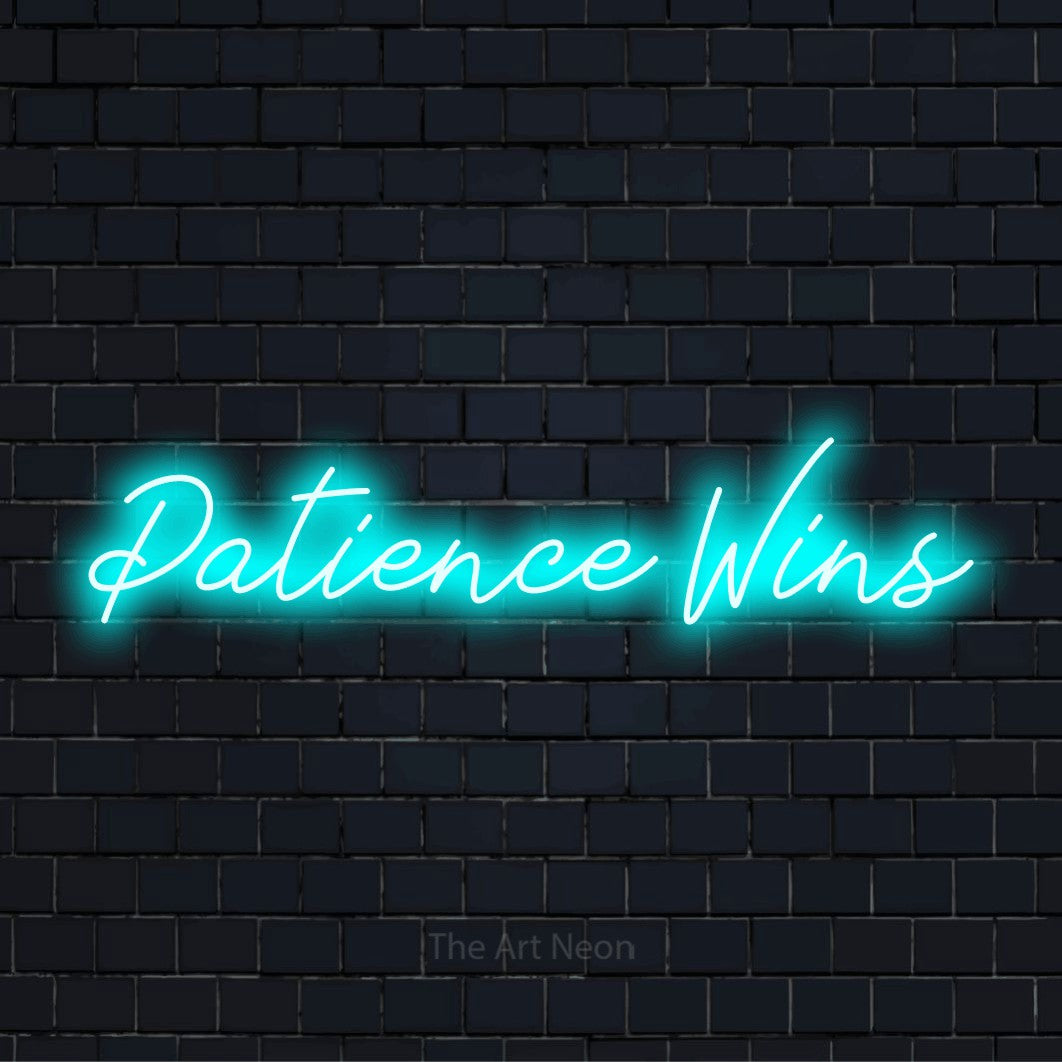 "Patience Wins" neon text design on a black brick wall
