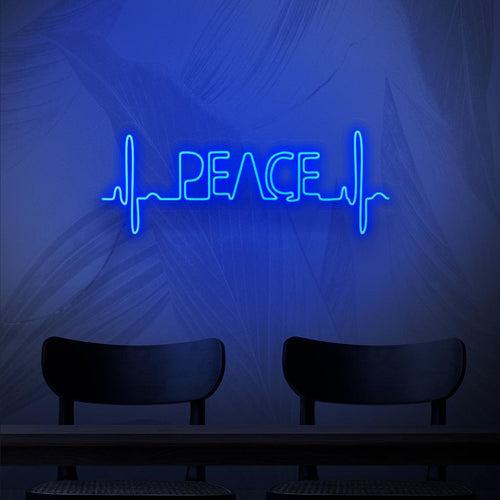 Een betoverend neonbord met een pulserend hartslagpatroon met het woord 'peace' ertussen, wat staat voor een harmonieuze mix van rust en liefde.