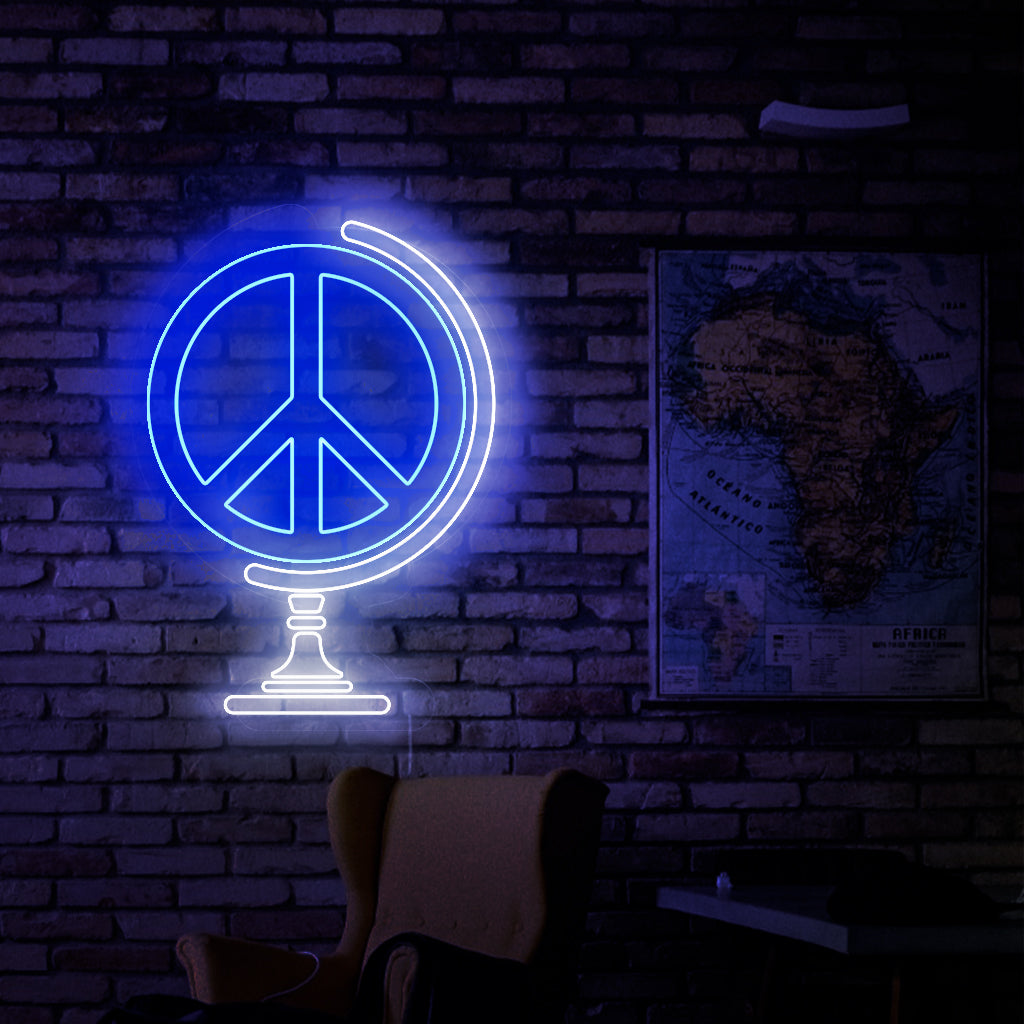 Een neonbord met vredessymbool voor een vredesthema-inrichting, dat levendig en betoverend licht uitstraalt.