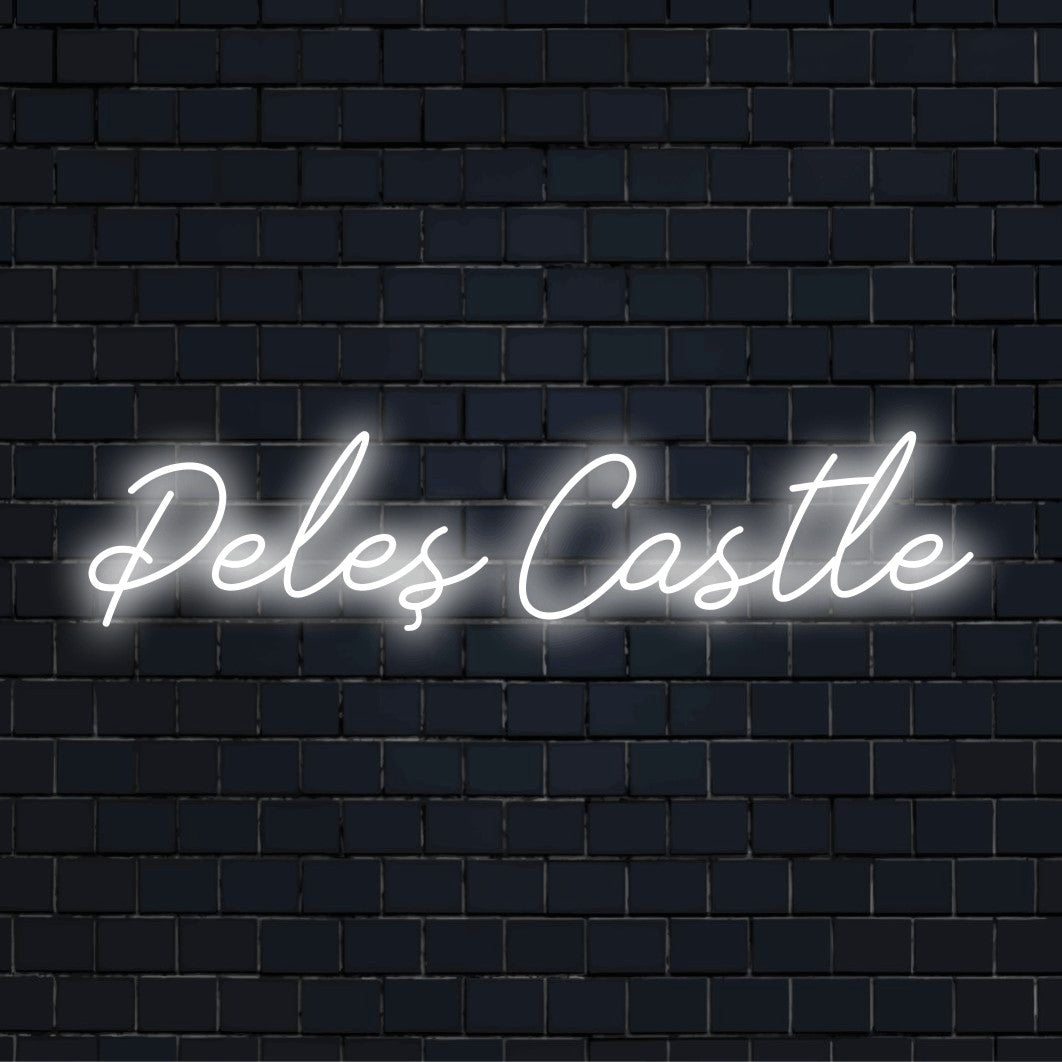 Peles Castle Neon Light with neon text light on black brick background