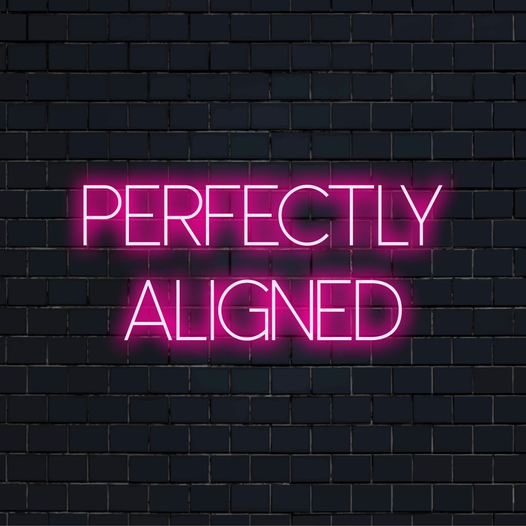 Perfectly Aligned Neon Sign, glowing wall decor against black brick wall